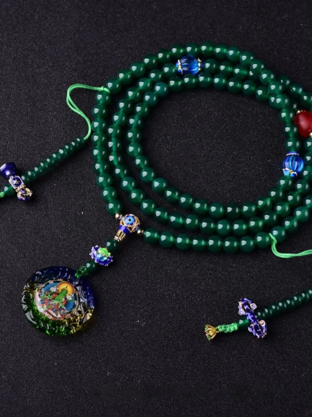 Natural green agate 108 bead multi-circle bracelet with Thangka design and certificate