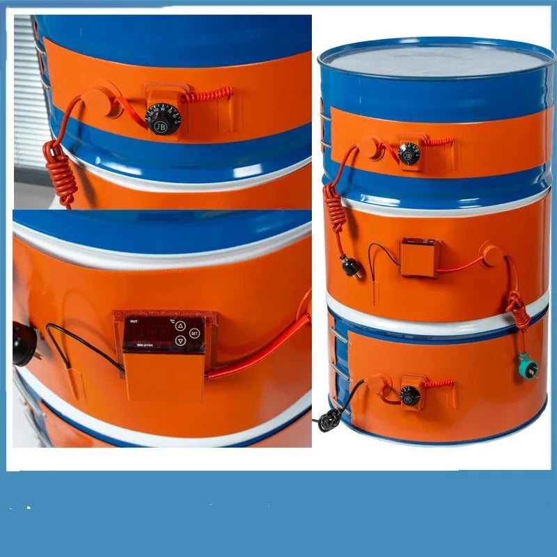 Silicone rubber heating belt wrapped around 200-litre oil drum with digital control display