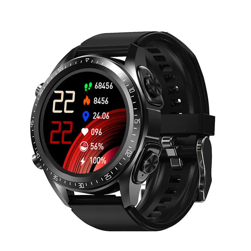 Black smart watch with silicone strap showing blood pressure and oxygen monitoring on its 1.28 inch screen
