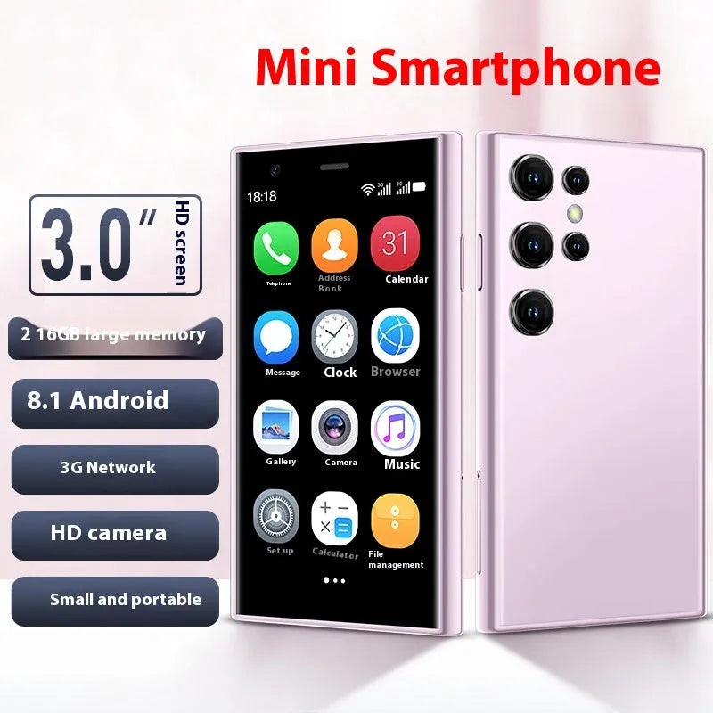 Mini smartphone with 30-inch screen in black, green, or pink purple colours showing straight plate design