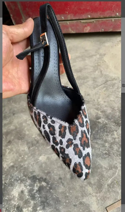 Women's leopard print suede sandals with pointed toe and scattered pattern detailing