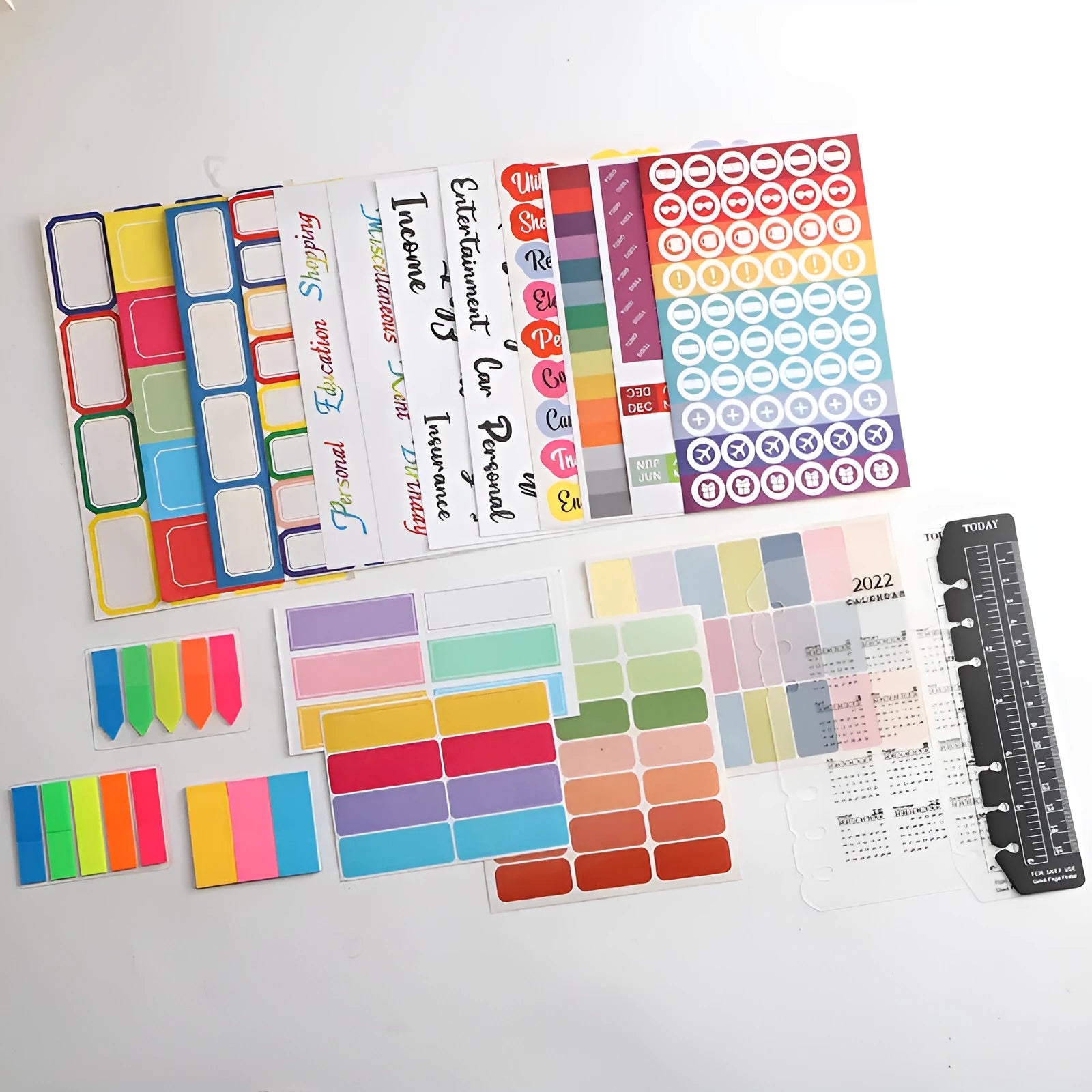 Handwritten label adhesive stickers showing colour grids with A6 rulers and sticky notes