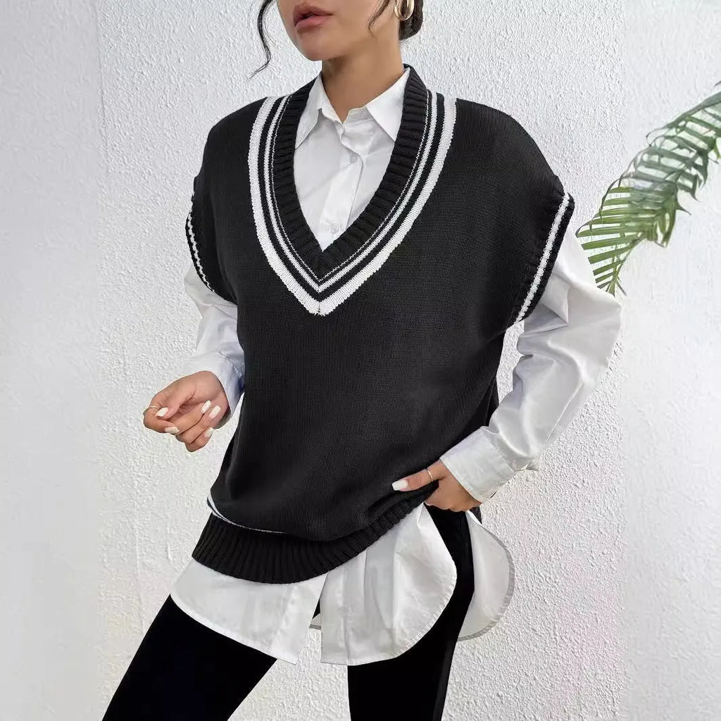 Women's college style wool vest sweater in loose-fitting free size available in blue, coffee and black colours