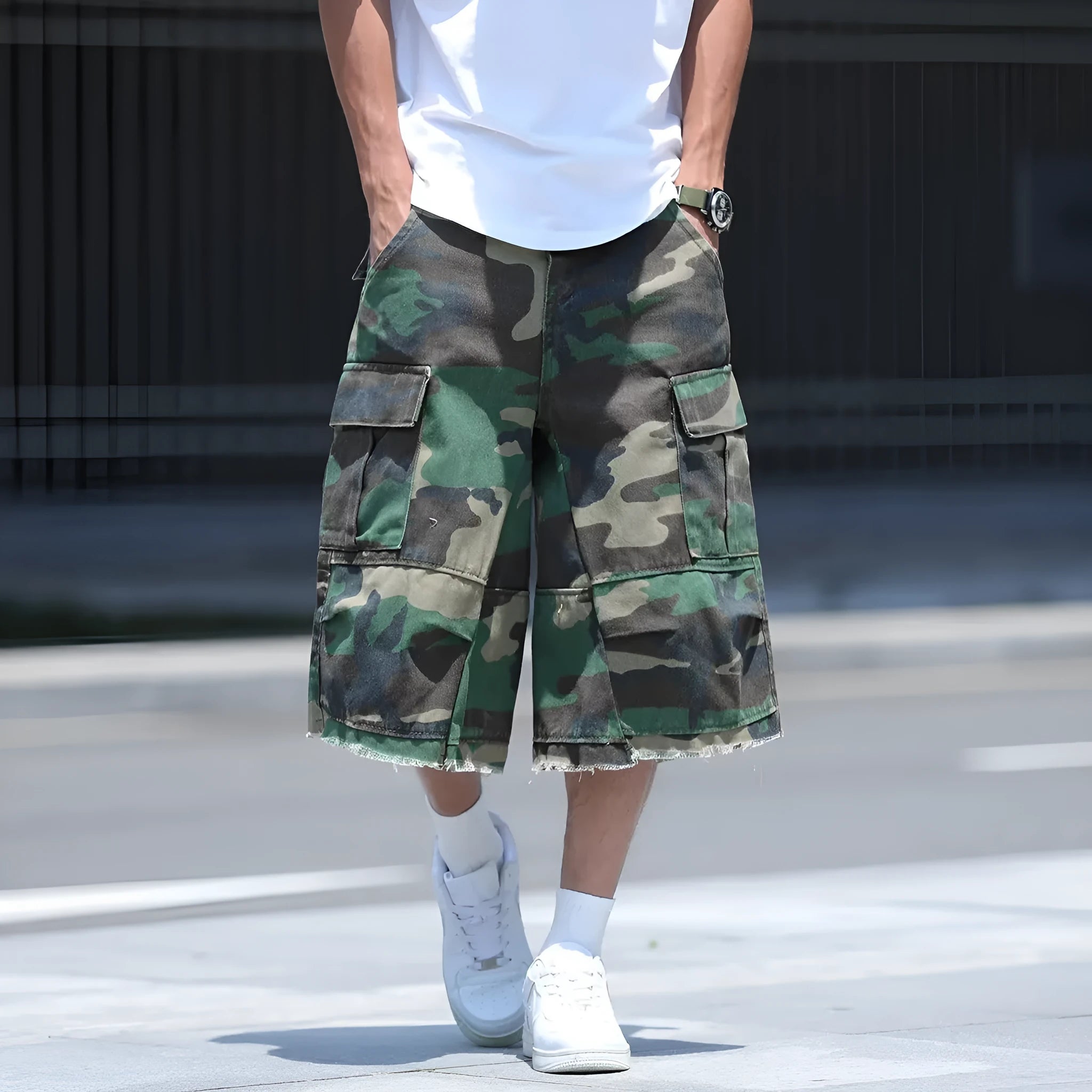 American retro workwear style camouflage shorts in loose fit design with cropped length