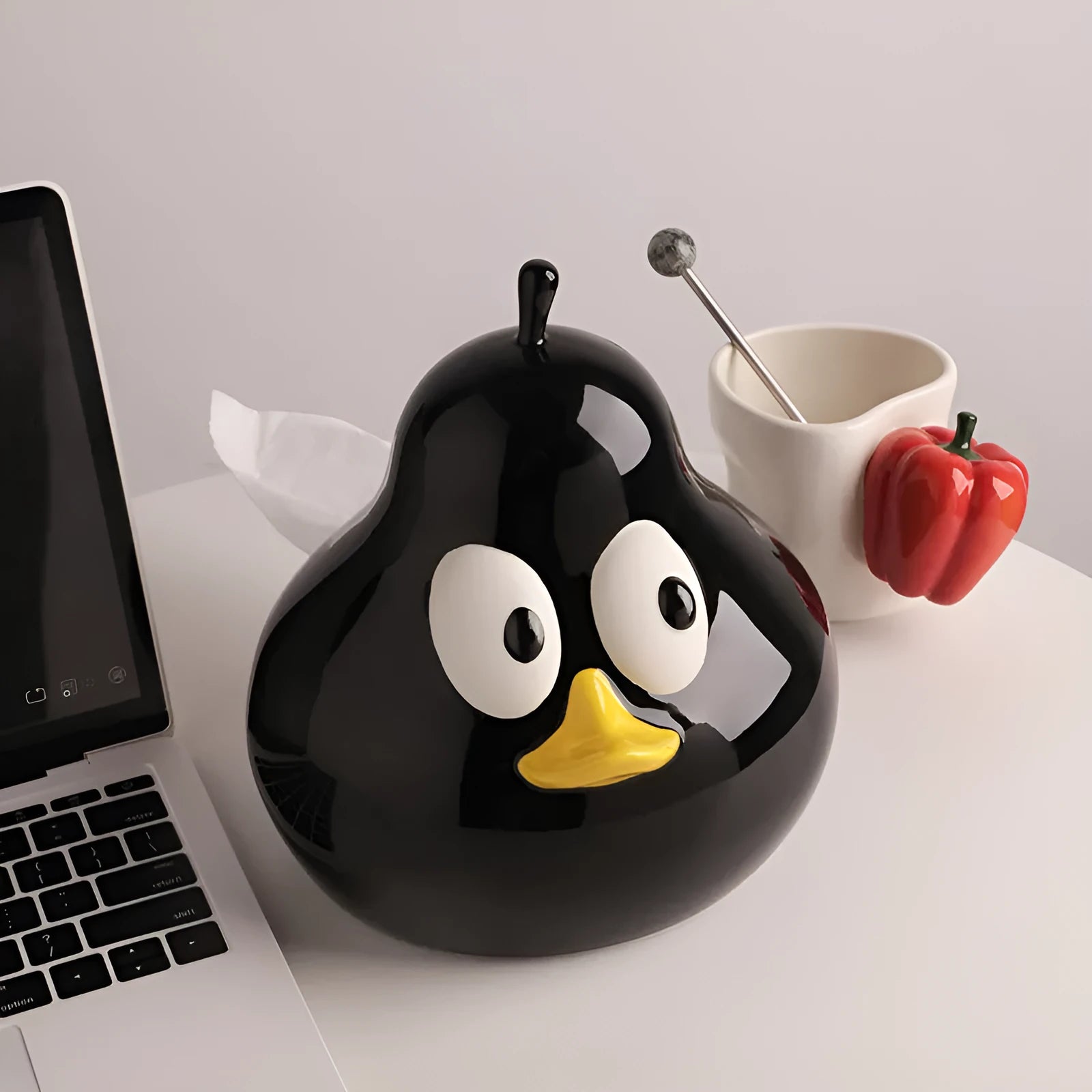 Cute pear-shaped ceramic tissue box holder in white porcelain, available in black or green