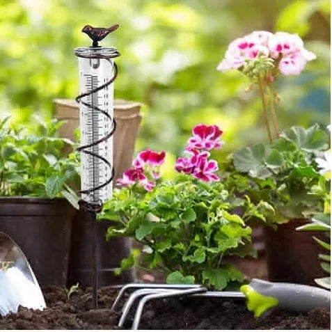 Cast iron stand with glass tube rain gauge featuring bird decoration and 1-20 measurement scale.