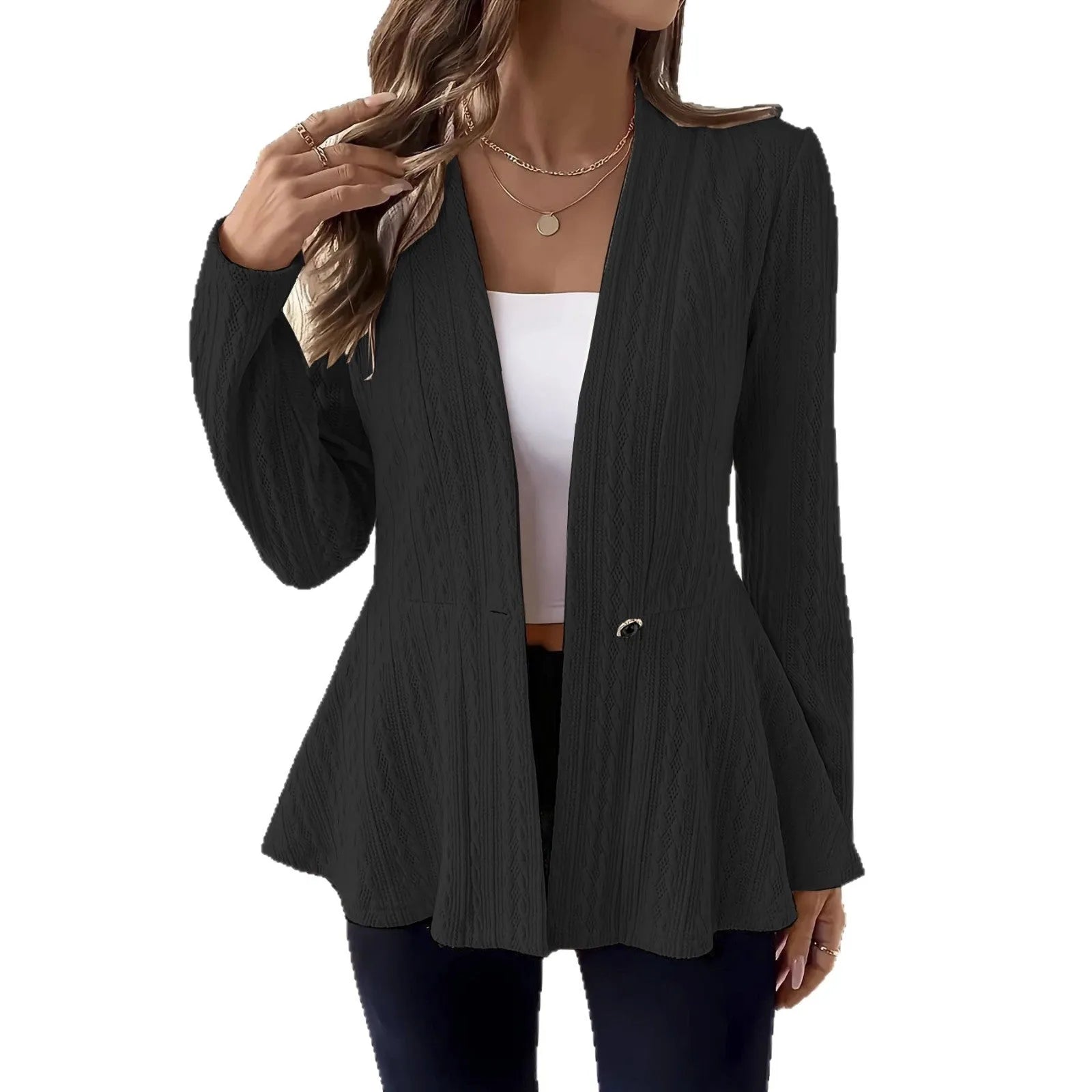 Women's apricot coloured knitted cardigan with one button and a textured Jacquard pattern