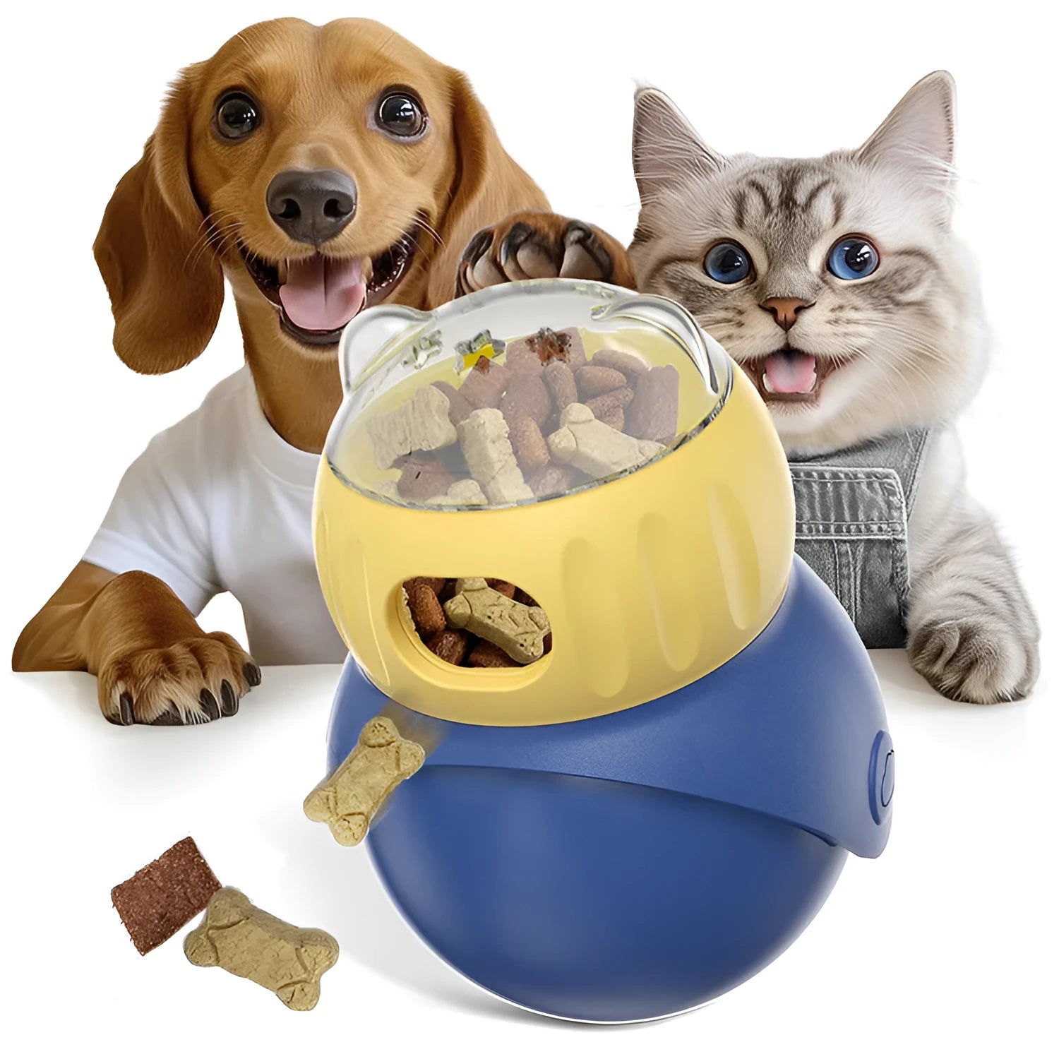 Owl-shaped tumbler cat puzzle feeder in Morandi yellow and blue colours