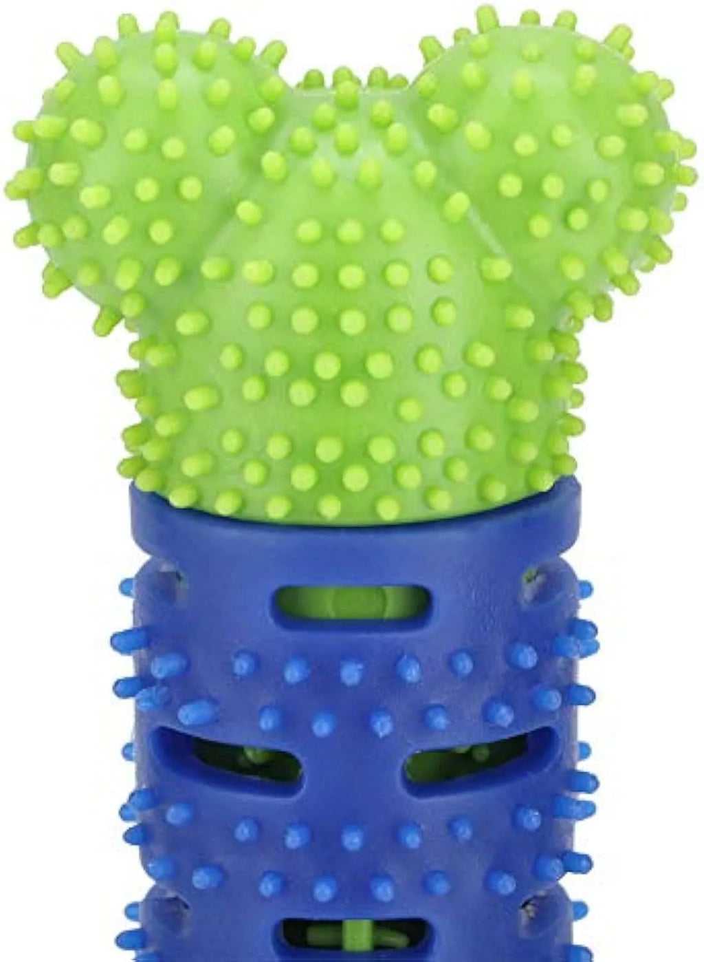 Blue silicone dog teeth cleaning stick with serrated brush head and gum massage nodules