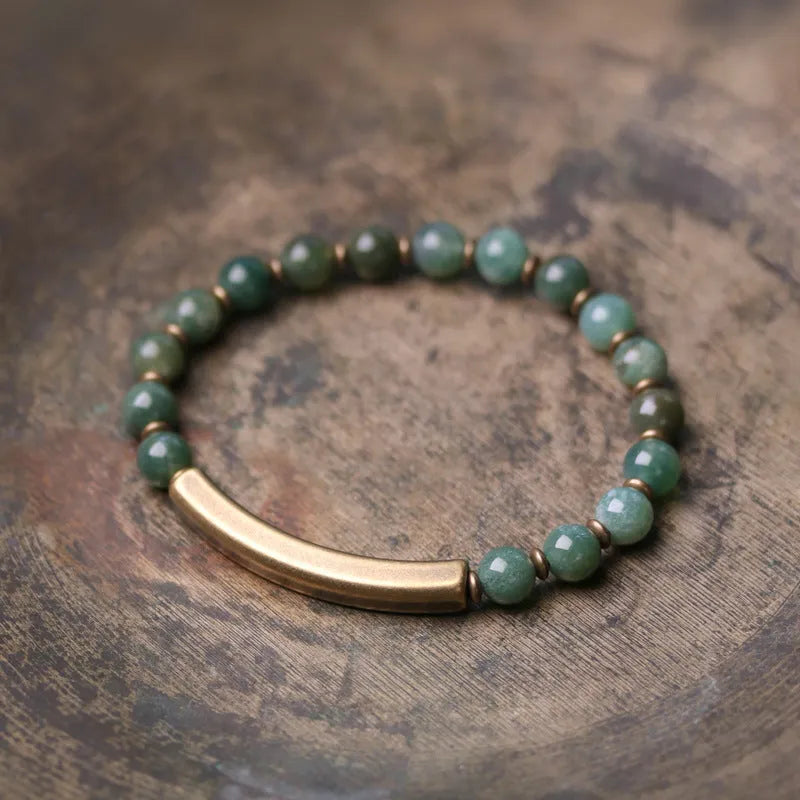 Layered retro ethnic bracelet with agate beads and brass accents showing colour options