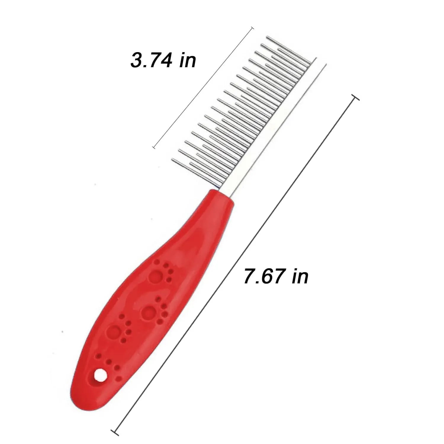 Red pet dematting comb with short and long stainless steel teeth and a plastic handle.