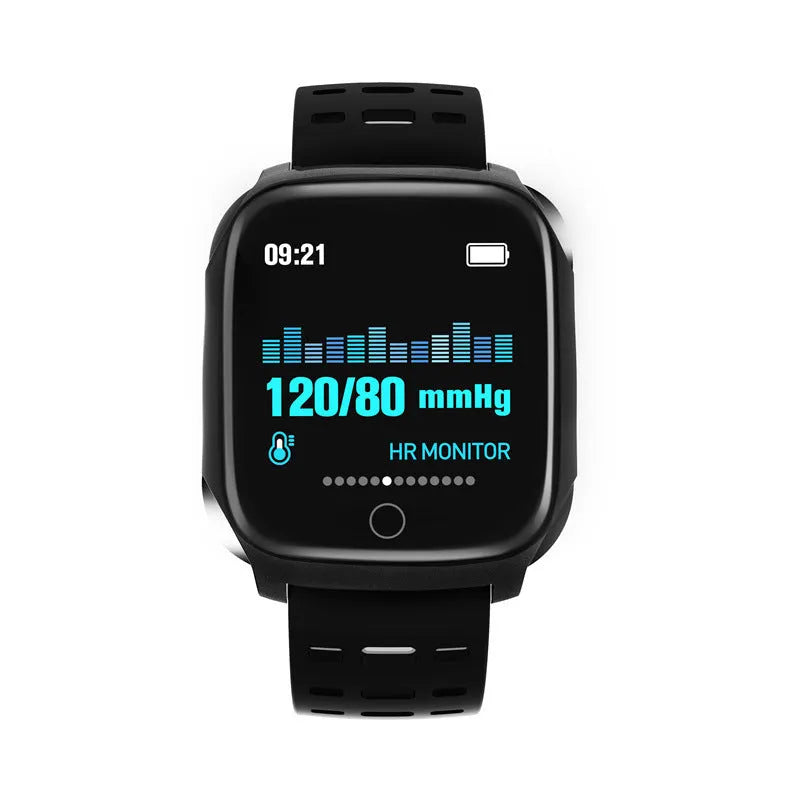 F16 Smart Watch with ECG display on wrist, showing black green silicone strap and 43mm screen.