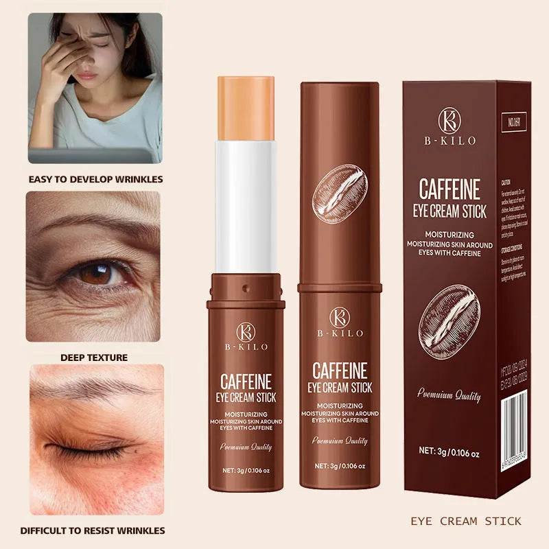 Caffeine eye cream stick in roll-on applicator for dark circles and fine lines.