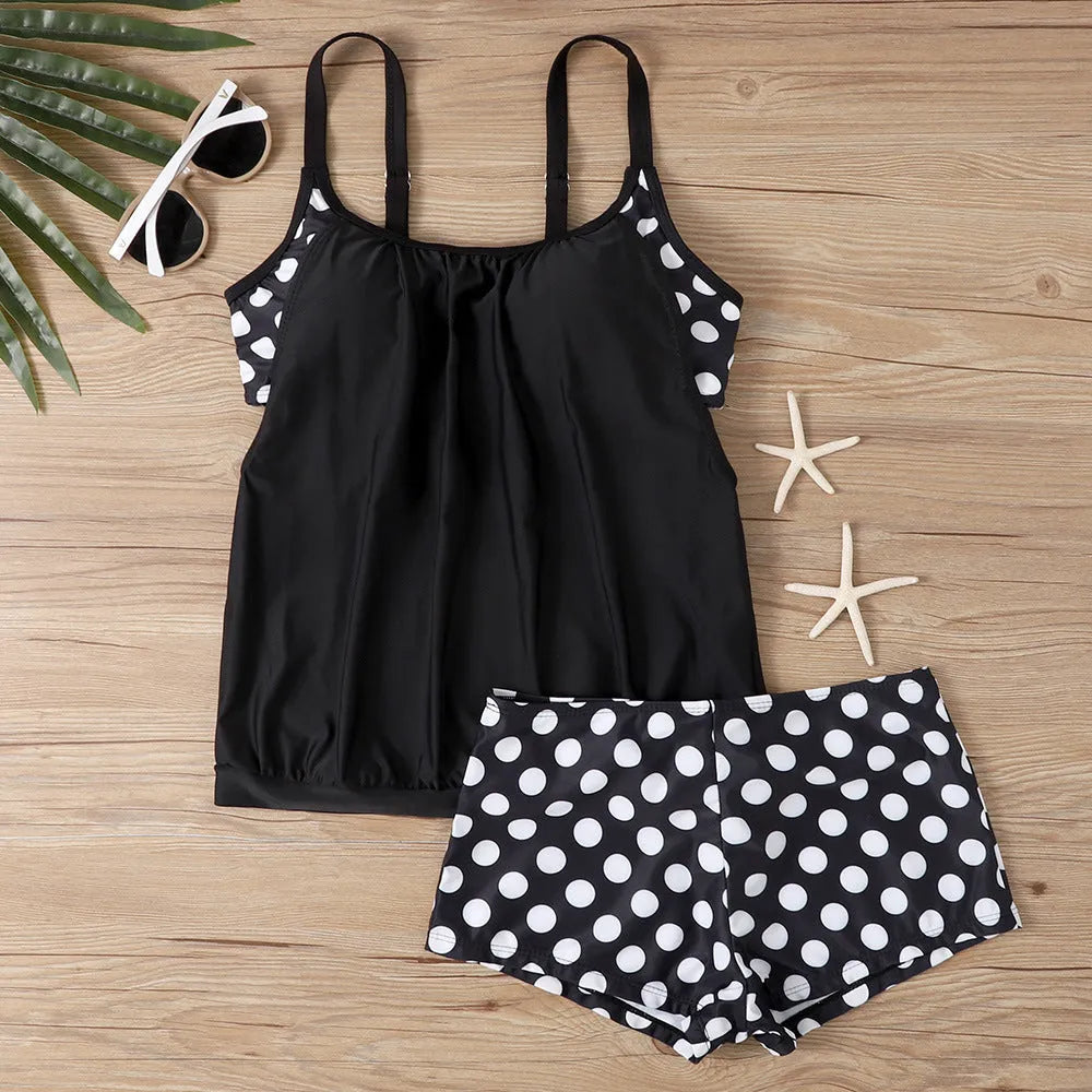 Women's high-waisted polka dot swimsuit briefs in black, red, light blue and dark blue colours