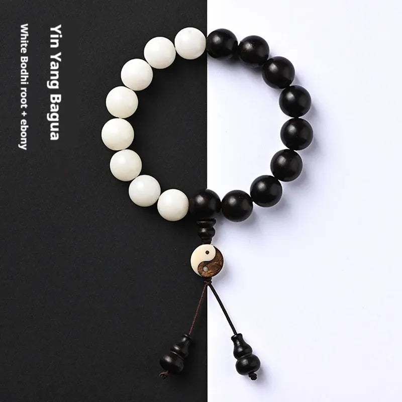 White Corypha umbraculifera blackwood bodhi seed bracelet with eight-diagram-shaped beads