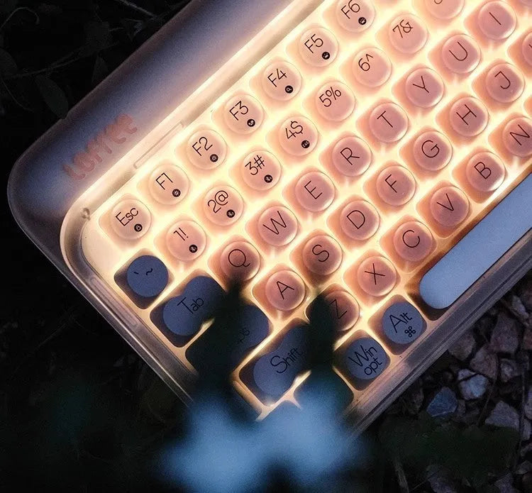 Wireless mechanical keyboard bundle with mouse, calculator, and pickup light on office desk