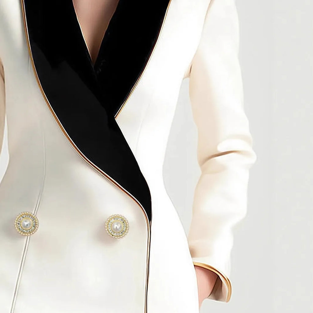 Women's beige irregular long sleeve coat with golden pearl buttons