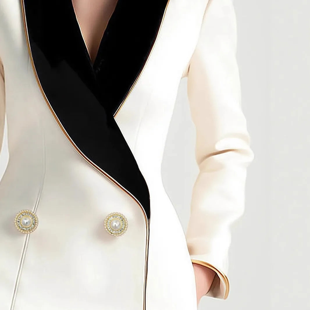 Women's beige irregular long sleeve coat with golden pearl buttons