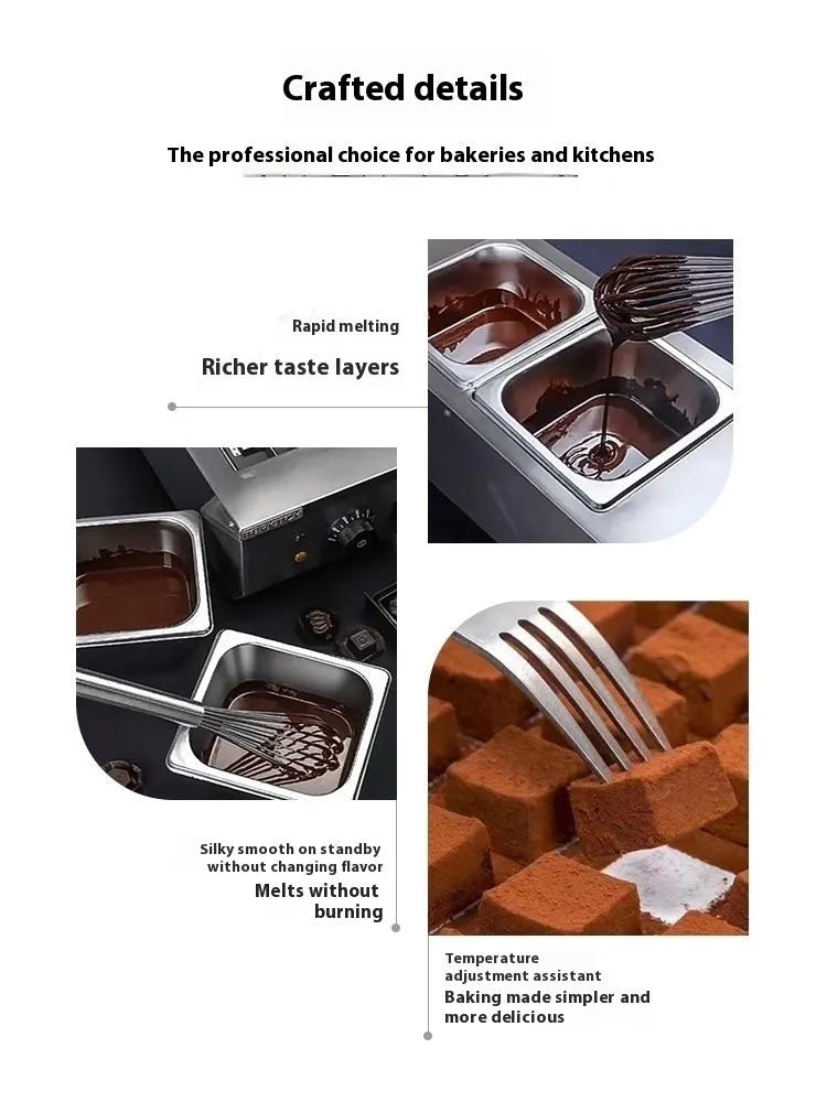 Commercial electric chocolate melting machine with stainless steel tank and digital temperature control display.