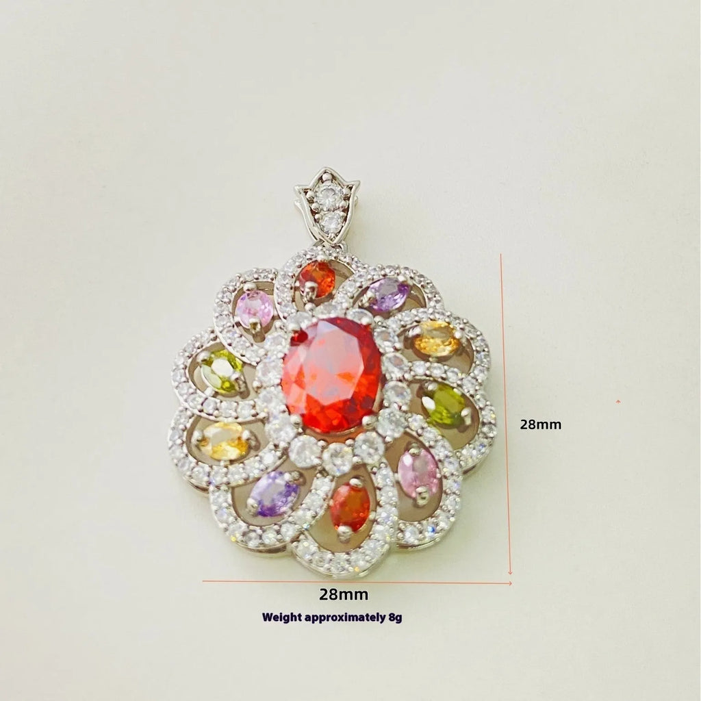 Women's zircon flower pendant necklace showing gold, champagne gold and platinum colour options with and without chain