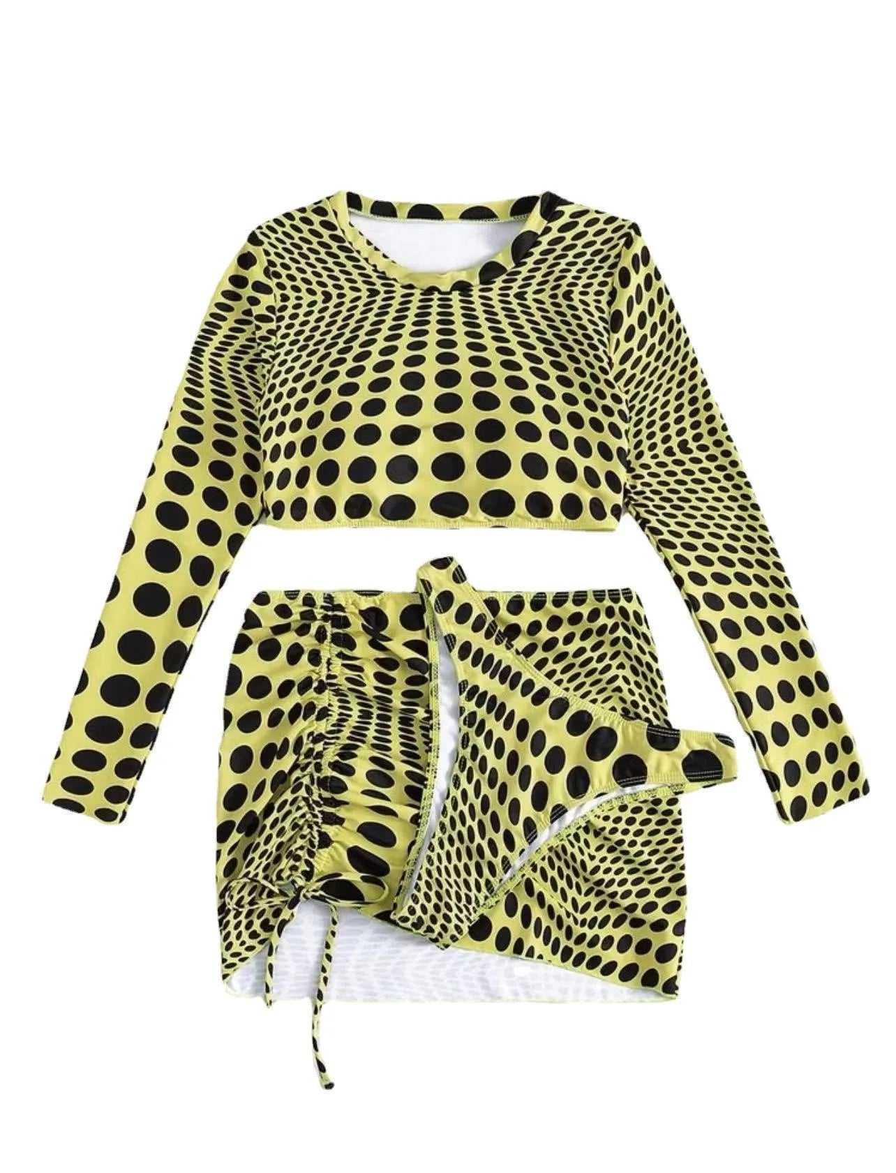 Green and yellow polka dot women's three-piece swimsuit set with bra, bikini top, and skirt.