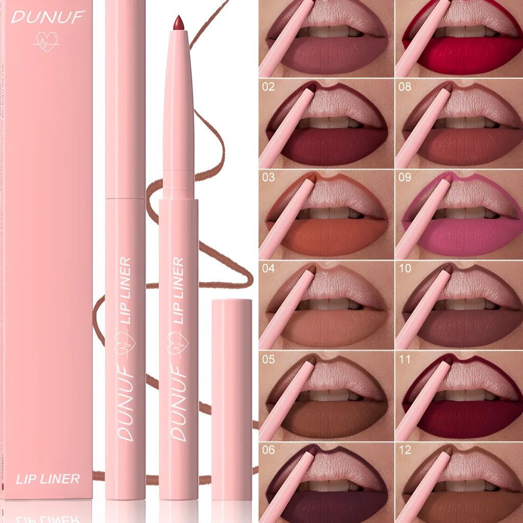 Velvet matte lip liner pencil in 12 colour shades for precise lip definition