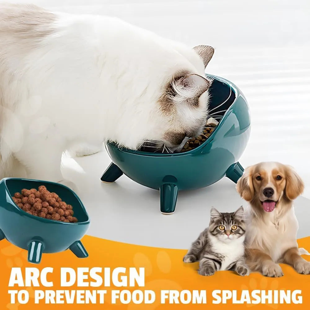 Ceramic pet bowl with four legs, wide mouth, and rounded arc design in green colour