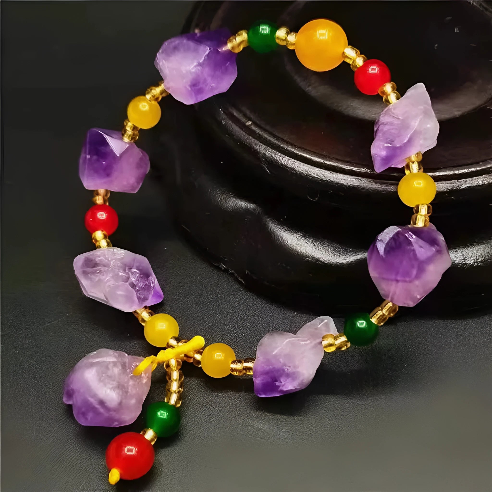 Natural purple amethyst bead bracelet for women with a silver Fu character charm.