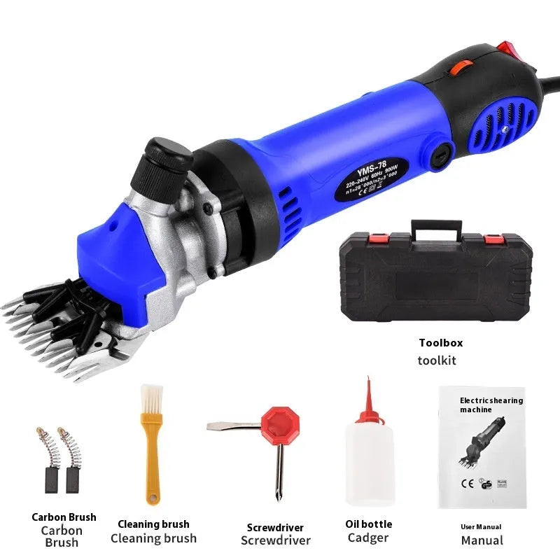 Yellow American 110V electric wool shearing machine with multiple blade sets and accessories