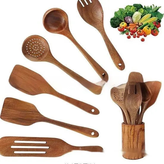 Seven-piece wooden spoon and spatula kitchen utensil set in natural wood finish