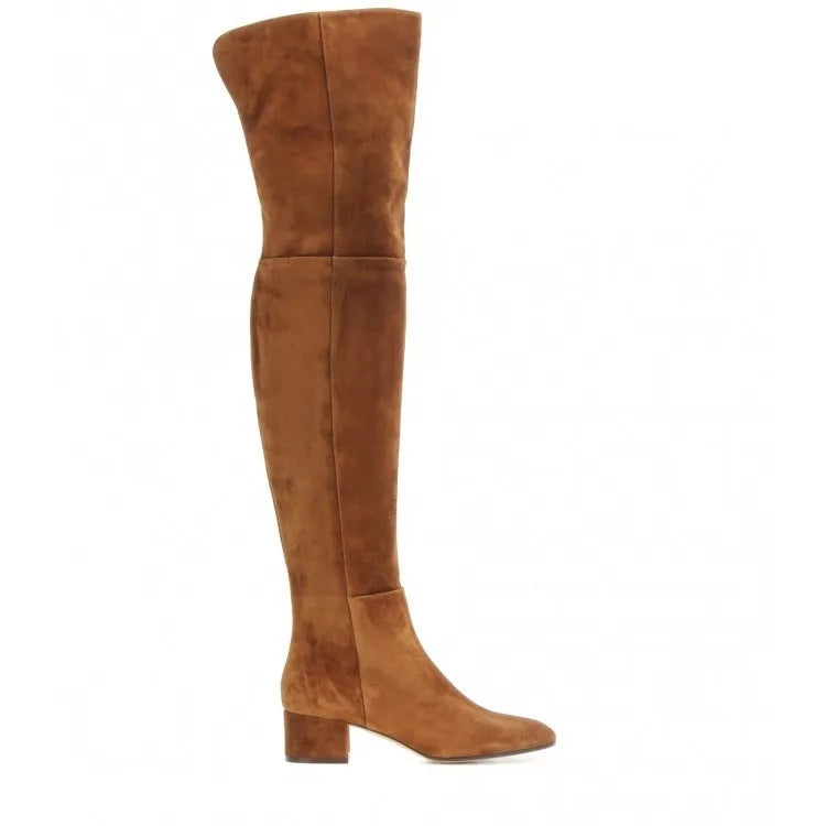 Grey suede women's over-the-knee flat boots with pointed toe and 1-3cm low thick heel
