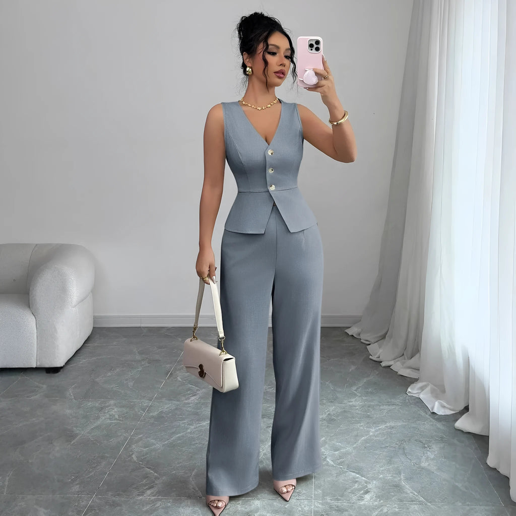 Women's solid colour sleeveless vest and high-waist trousers two-piece set in casual Japanese Korean style