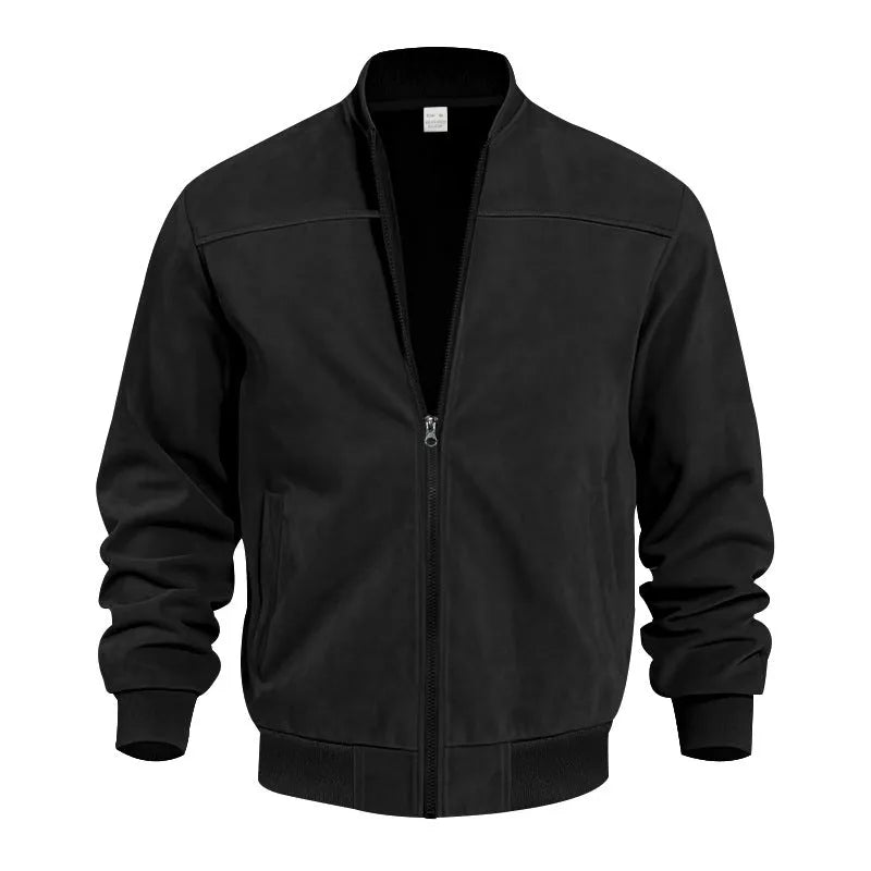 Men's plus size casual suede-look zipper jacket in multiple colour options on a hanger.