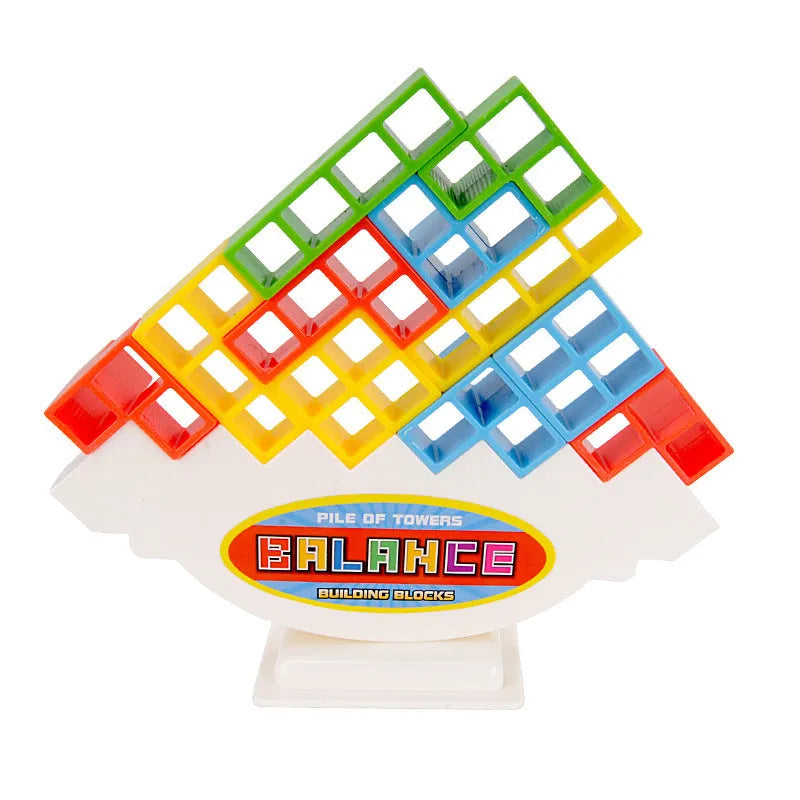 Plastic balance stacking game with coloured blocks on chassis for family play