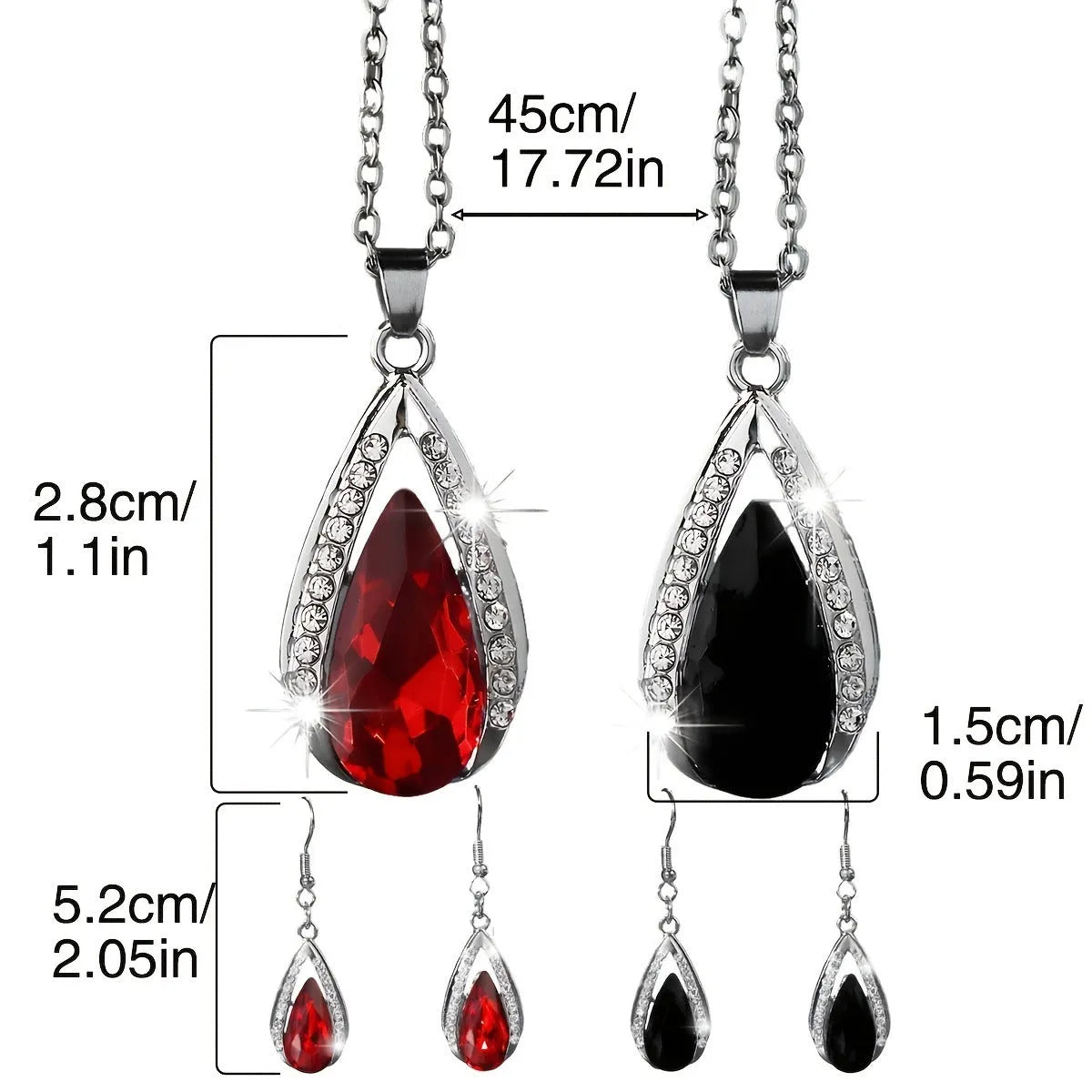 Teardrop glass pendant necklace and earrings suite in black or red alloy metal jewellery