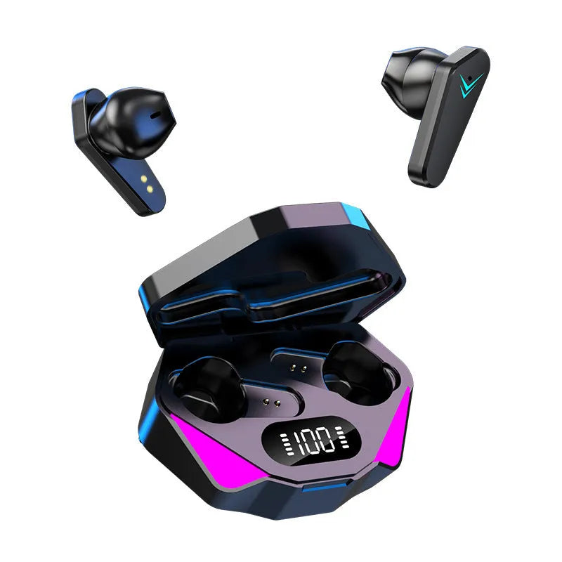 X15 wireless in-ear Bluetooth gaming headphones in black with charging case.