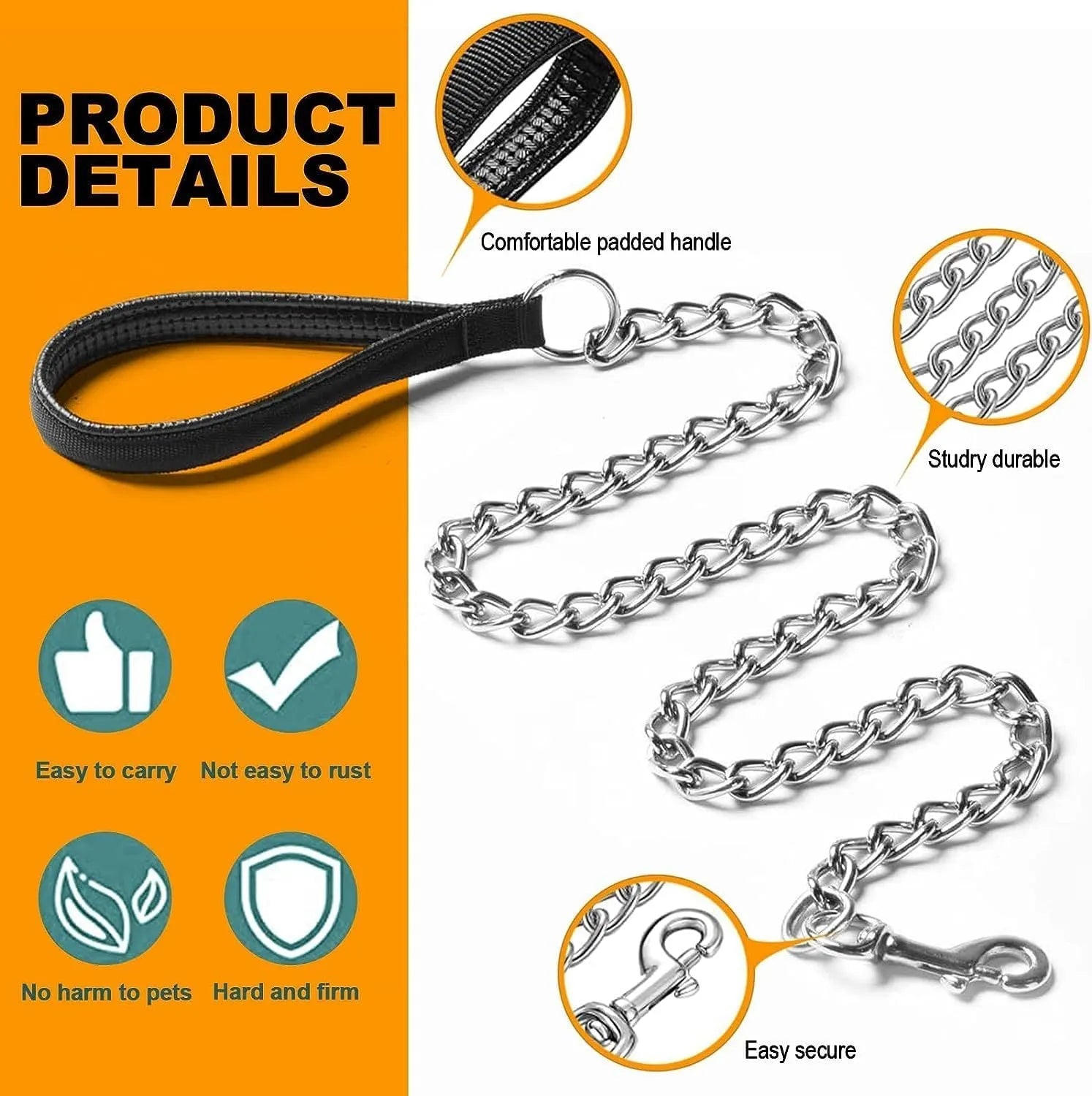Heavy duty metal dog chain leash with soft black padded handle, shown in black, blue, and red.