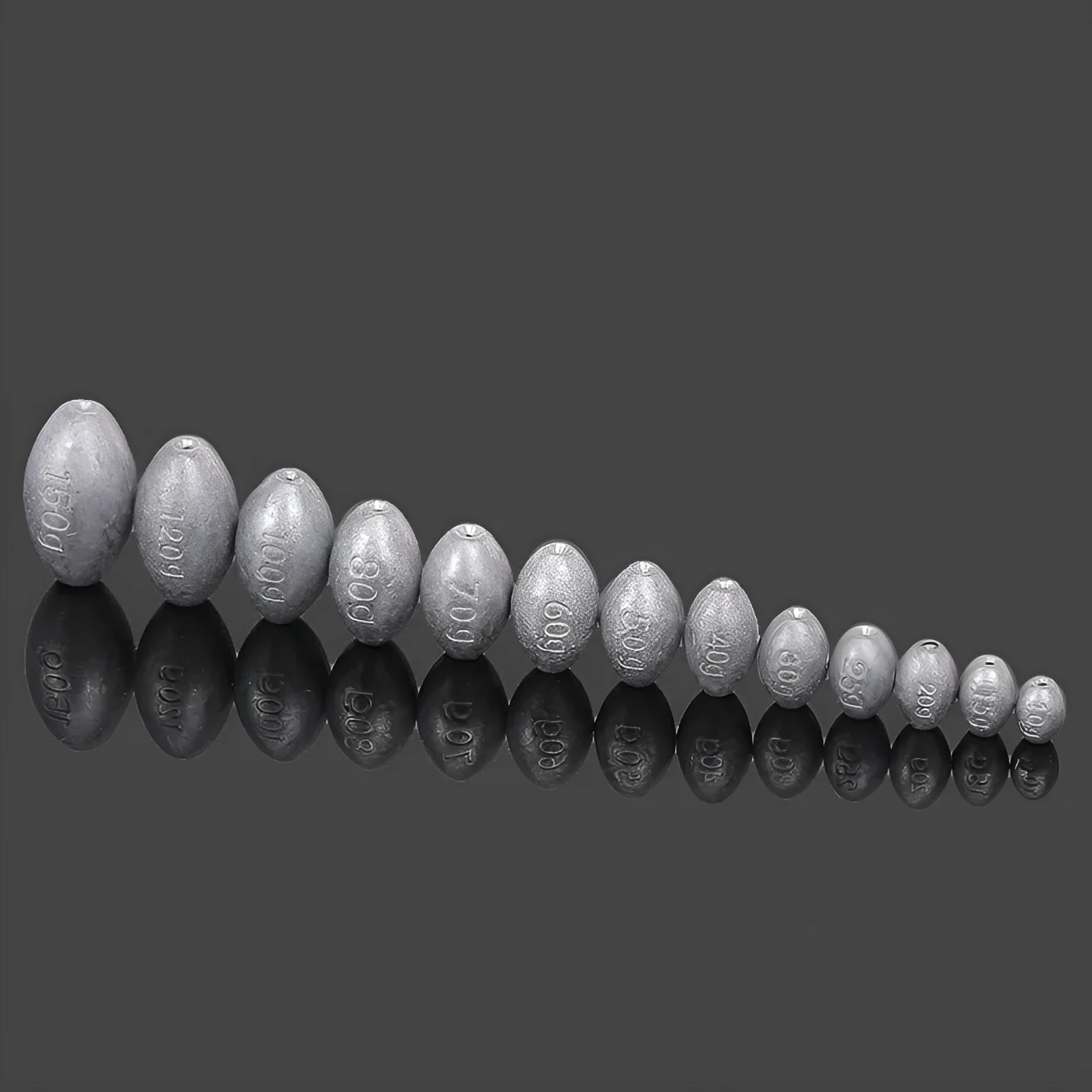 Close-up of a rugby-shaped olive lead fishing sinker with a Tongxin scale pattern texture.