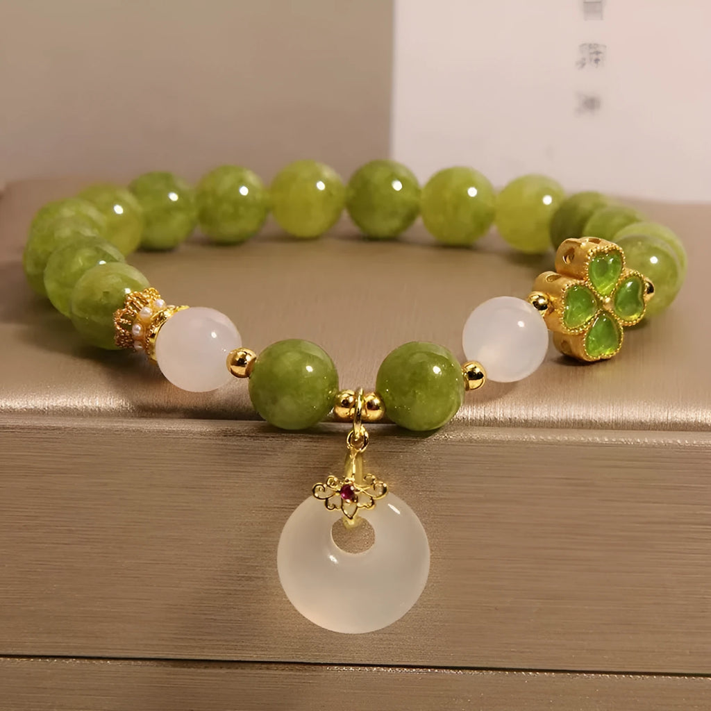 Green tourmaline and four-leaf clover women's bracelet with safety peace buckle