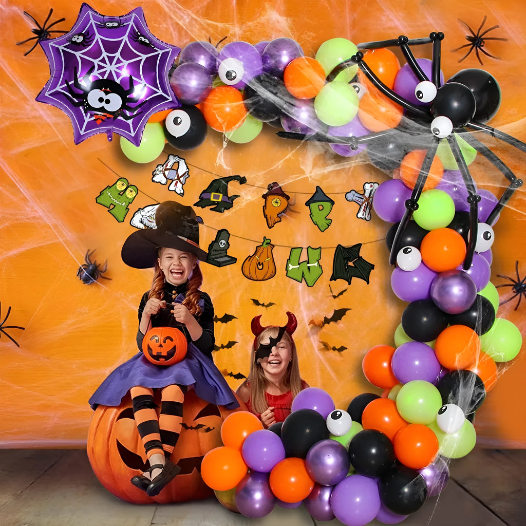 Halloween spider balloon arch decoration set with skull and pumpkin ornaments in white and black colours