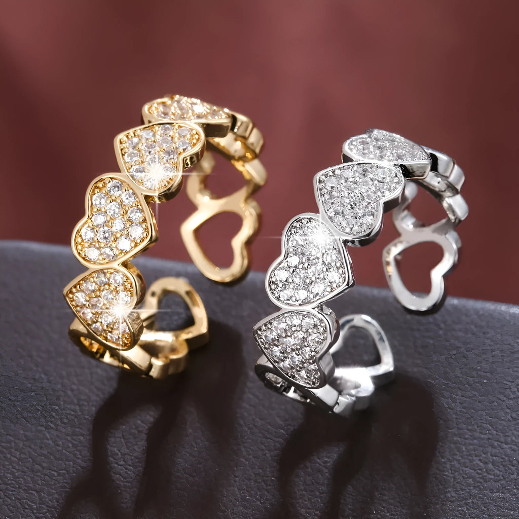 Adjustable opening copper couples ring with heart geometry in gold or silver colour