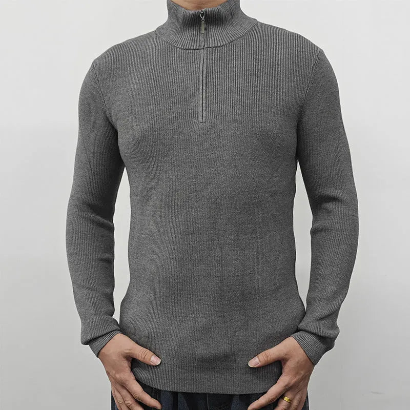 Men's cotton blend half-turtleneck zipper sweater in British-style pullover design