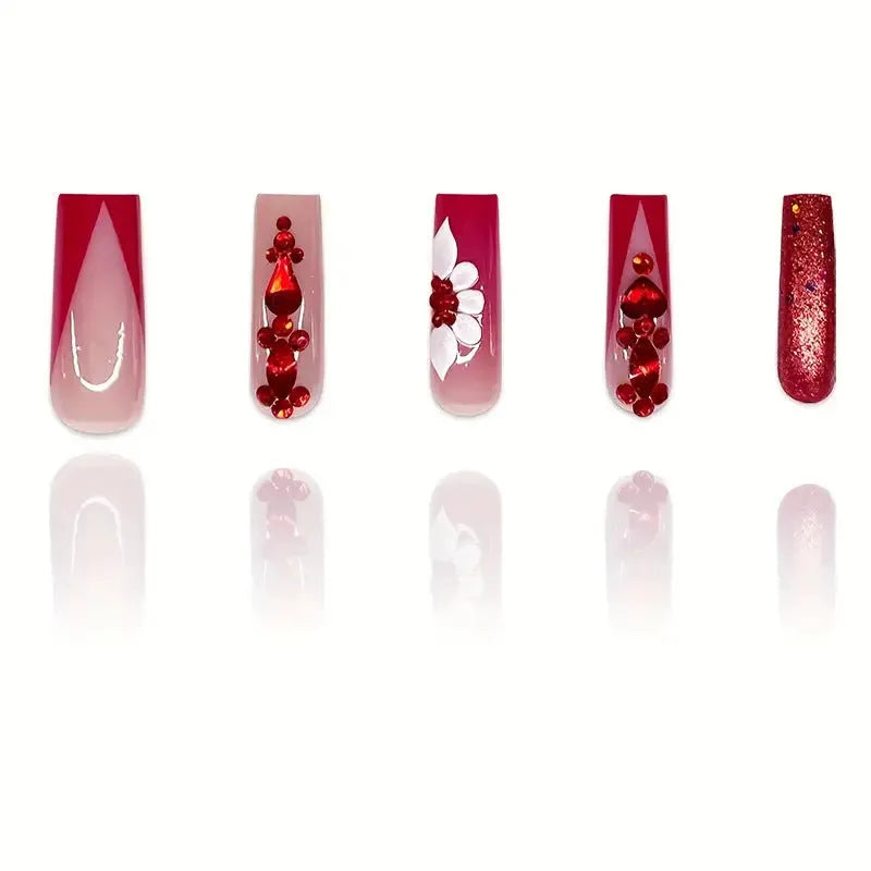 Sweet floral pattern fake nails with prismatic red diamonds in European square shape