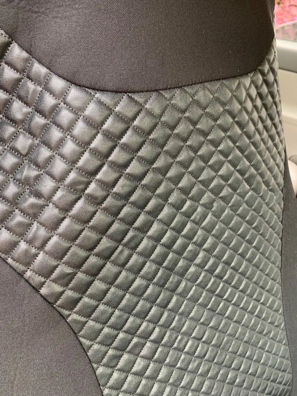 Black quilted PU automotive seat cover with polyester composite backing on car seat