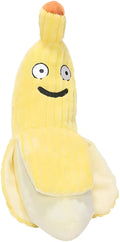 Yellow banana-shaped cat toy with soft plush fabric and crinkle paper inside