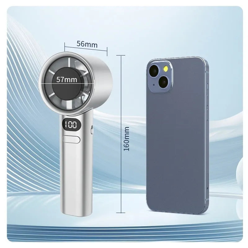 USB handheld fan with variable speed control in green colour showing plastic blades and brushless motor design