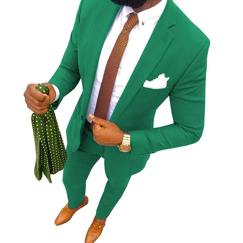 Men's multicolour cotton banquet suit jacket and trousers on a hanger