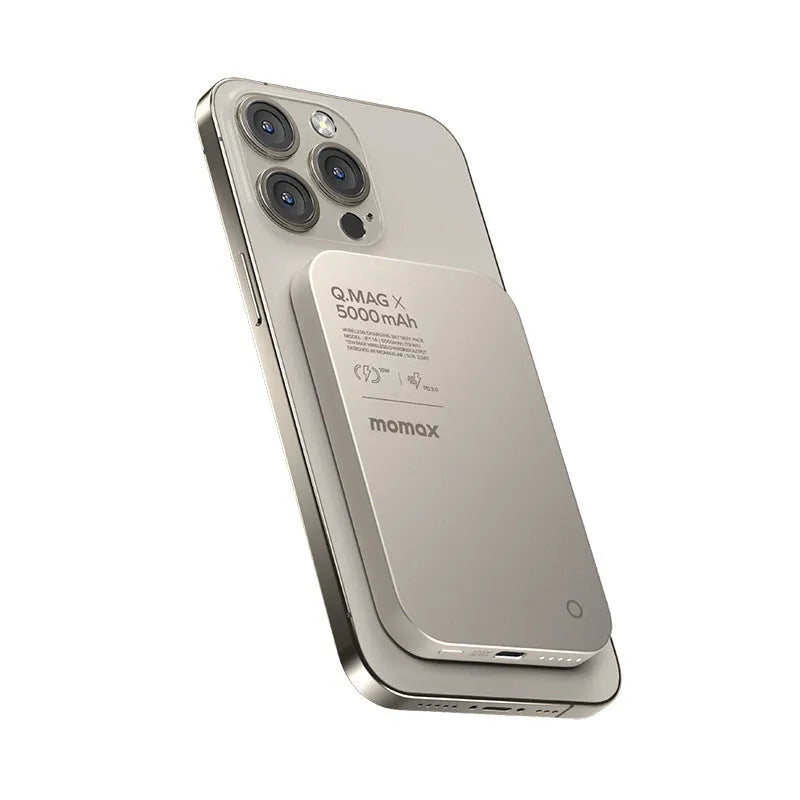 Magnetic wireless alloy power bank in black or titanium gold, showing creative design