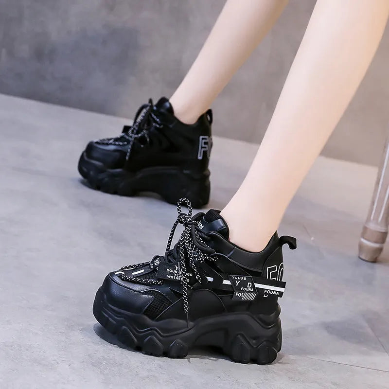Women's white mesh platform sports shoes with cross-strap design and rubber sole
