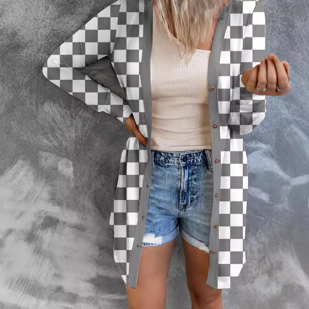 Women's long plaid knitted cardigan coat in polyester fabric with street fashion styling